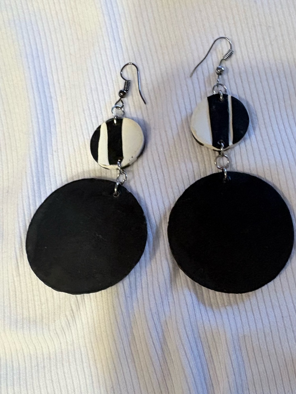 Handmade Black and White Double-Disk Dangle Earrings